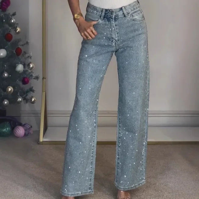 Jeans for Women Straight Diamonds Pants Stretch High Waist Washed Mom Jeans Vintage Denims Streetwear Y2k Streetwear Trousers